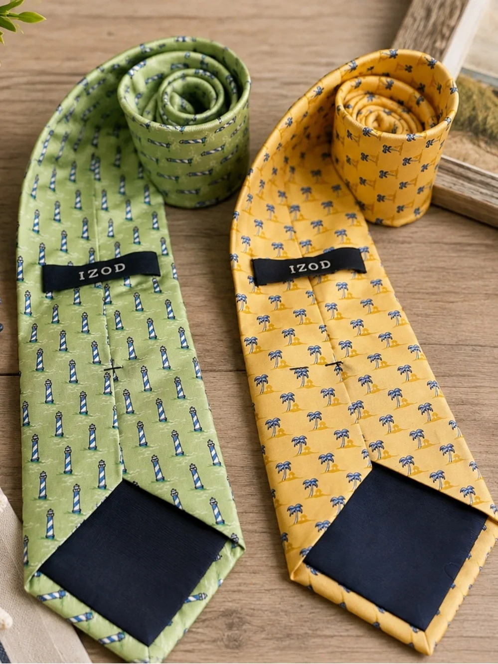 IZOD 100% Silk Novelty Necktie Lot of 2 Lighthouse & Palm Tree Print Ties